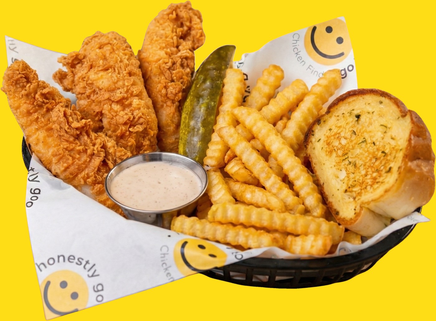 The Original box: four hand-breaded chicken fingers, crinkle-cut fries, Texas toast garlic bread, a pickle spear and a cup of Honestly Good sauce in a basket